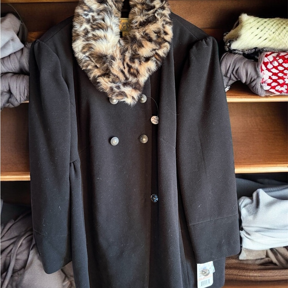 Black Pea Coat with Faux Fur Collar
